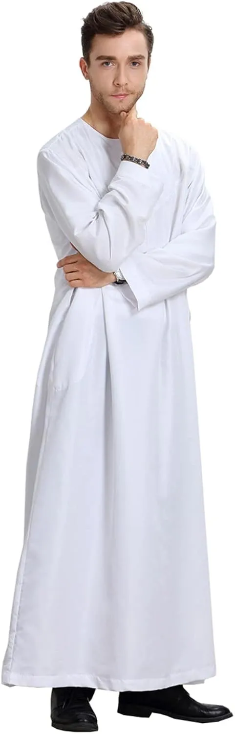 Mens Abaya Thobe Arabic Muslim Round Neck Long Sleeve Button Down Solid Islam Robe with Pockets Prayer Hijab Gowns
