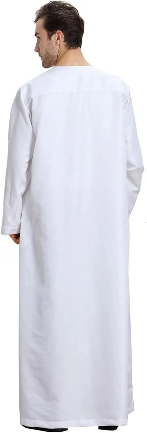 Mens Abaya Thobe Arabic Muslim Round Neck Long Sleeve Button Down Solid Islam Robe with Pockets Prayer Hijab Gowns