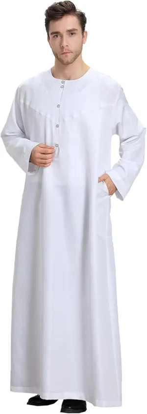 Mens Abaya Thobe Arabic Muslim Round Neck Long Sleeve Button Down Solid Islam Robe with Pockets Prayer Hijab Gowns