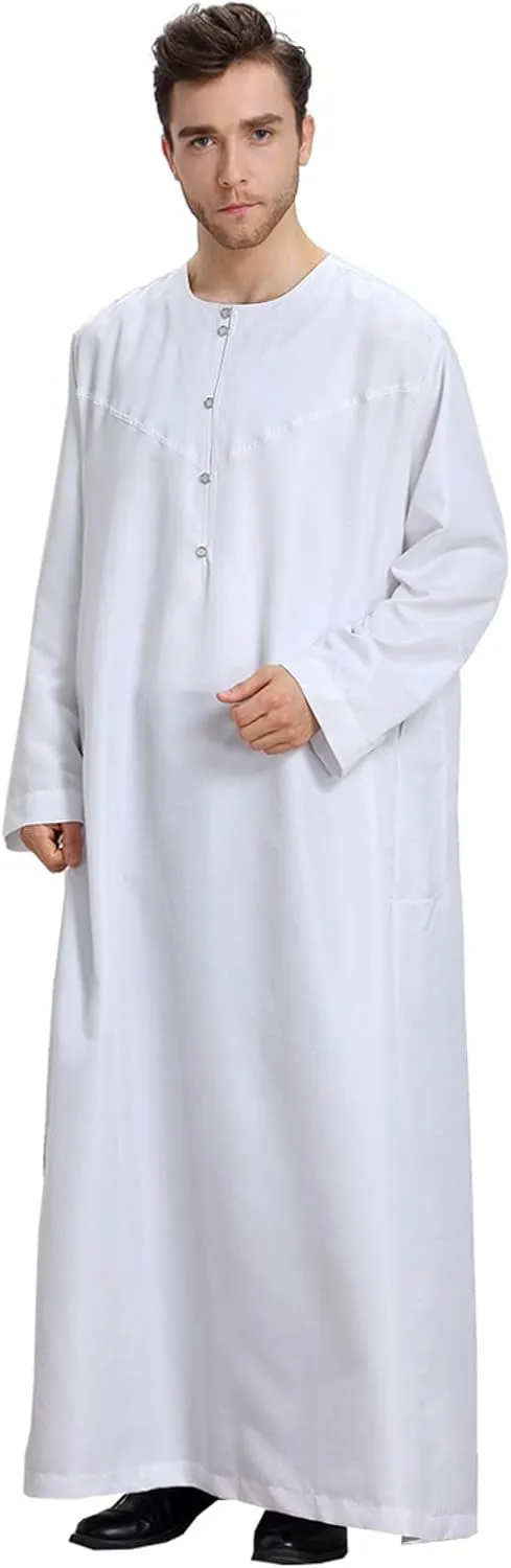 Mens Abaya Thobe Arabic Muslim Round Neck Long Sleeve Button Down Solid Islam Robe with Pockets Prayer Hijab Gowns