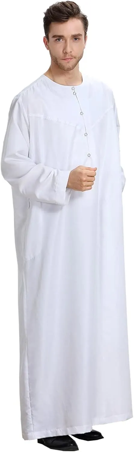 Mens Abaya Thobe Arabic Muslim Round Neck Long Sleeve Button Down Solid Islam Robe with Pockets Prayer Hijab Gowns