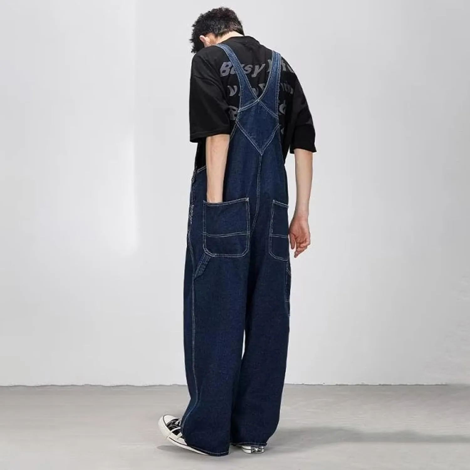Men's Baggy Denim Bib Overalls Adjustable Straps Jumpsuit Wide Leg Comfy Denim Pants with Pockets Trendy Jumpsuit