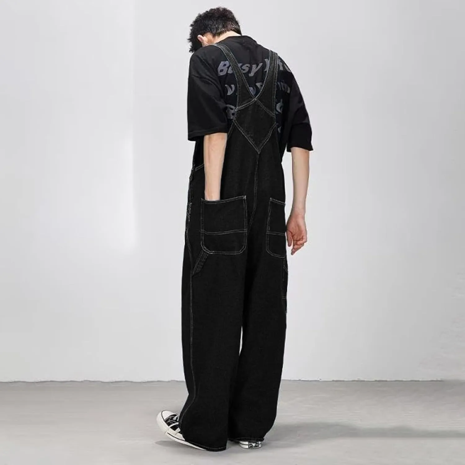 Men's Baggy Denim Bib Overalls Adjustable Straps Jumpsuit Wide Leg Comfy Denim Pants with Pockets Trendy Jumpsuit