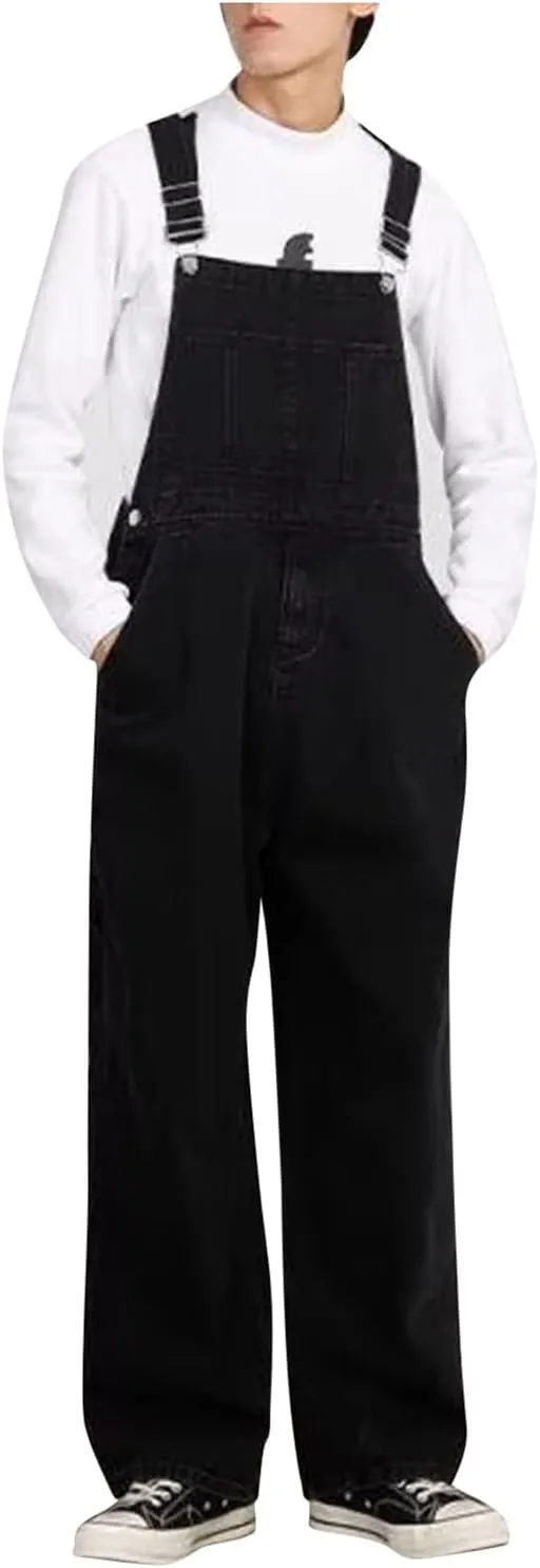 Men's Baggy Denim Bib Overalls Adjustable Straps Jumpsuit Wide Leg Comfy Denim Pants with Pockets Trendy Jumpsuit