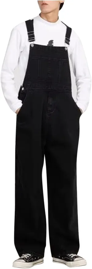 Men's Baggy Denim Bib Overalls Adjustable Straps Jumpsuit Wide Leg Comfy Denim Pants with Pockets Trendy Jumpsuit