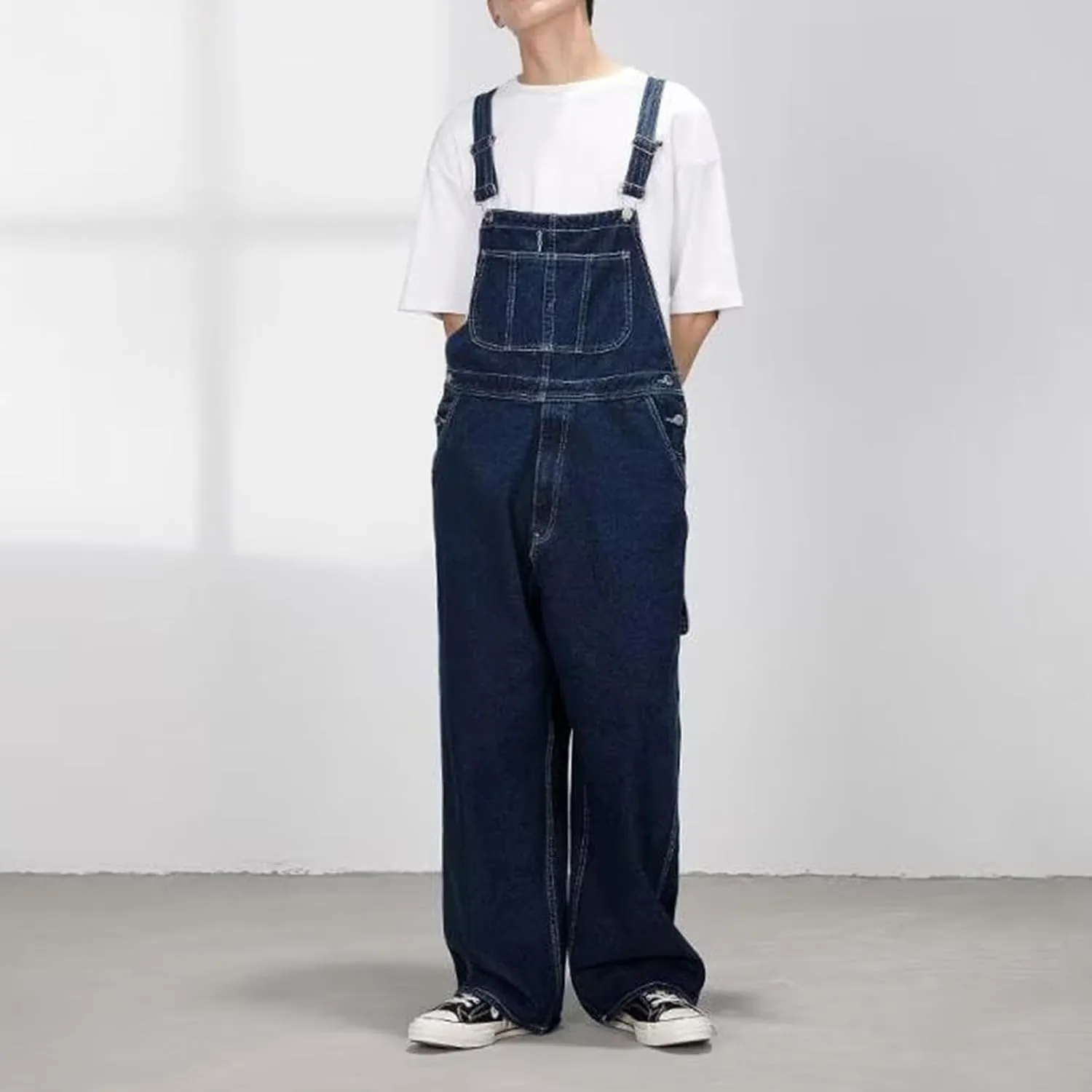 Men's Baggy Denim Bib Overalls Adjustable Straps Jumpsuit Wide Leg Comfy Denim Pants with Pockets Trendy Jumpsuit