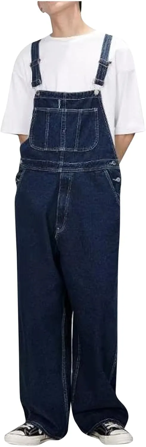 Men's Baggy Denim Bib Overalls Adjustable Straps Jumpsuit Wide Leg Comfy Denim Pants with Pockets Trendy Jumpsuit