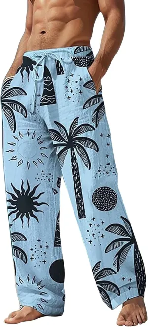 Mens Baggy Wide Leg Boho Pants Loose Fit Casual Coconut Tree Hippie Printed Harem Pants Casual Gym Jogger Sweatpants