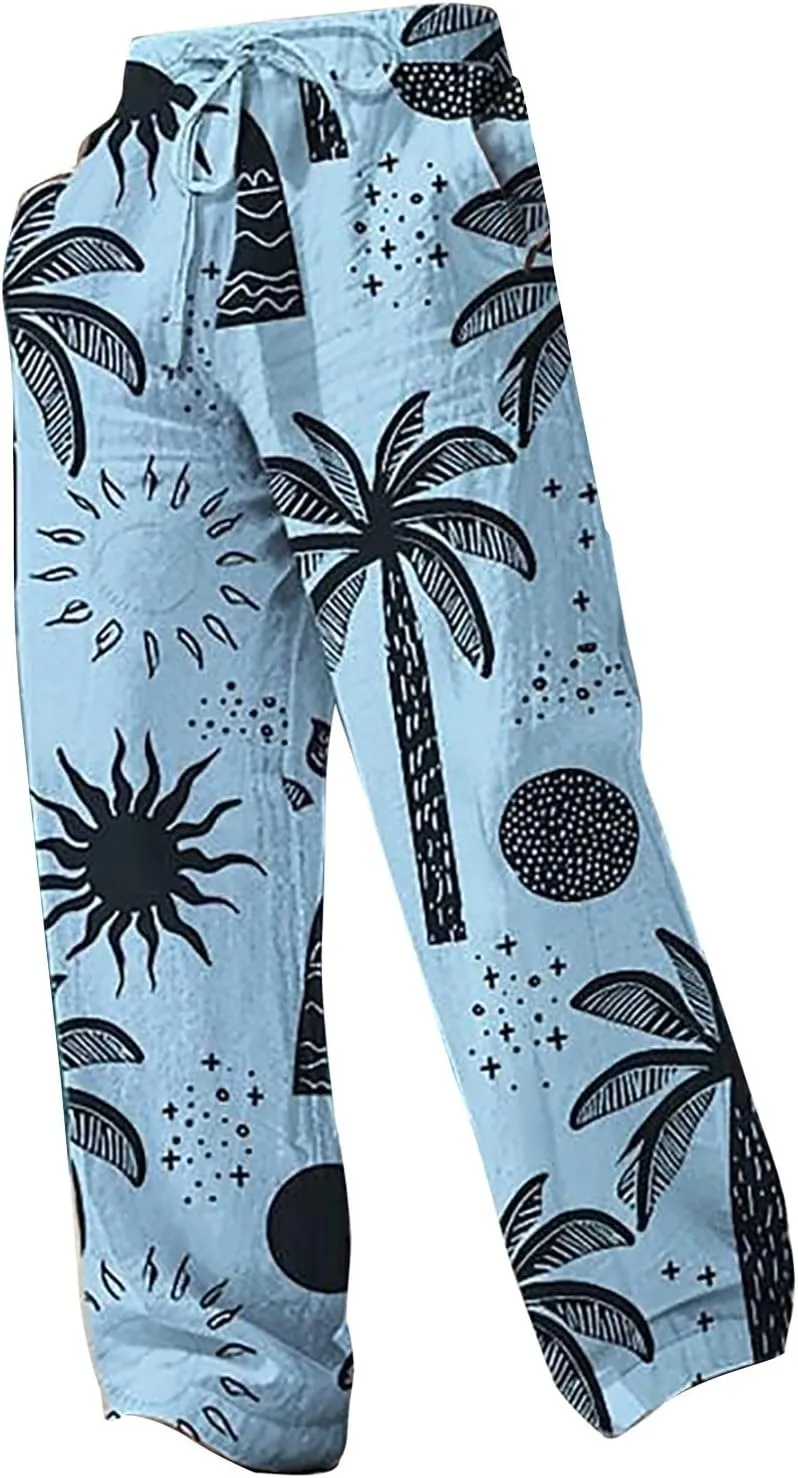 Mens Baggy Wide Leg Boho Pants Loose Fit Casual Coconut Tree Hippie Printed Harem Pants Casual Gym Jogger Sweatpants