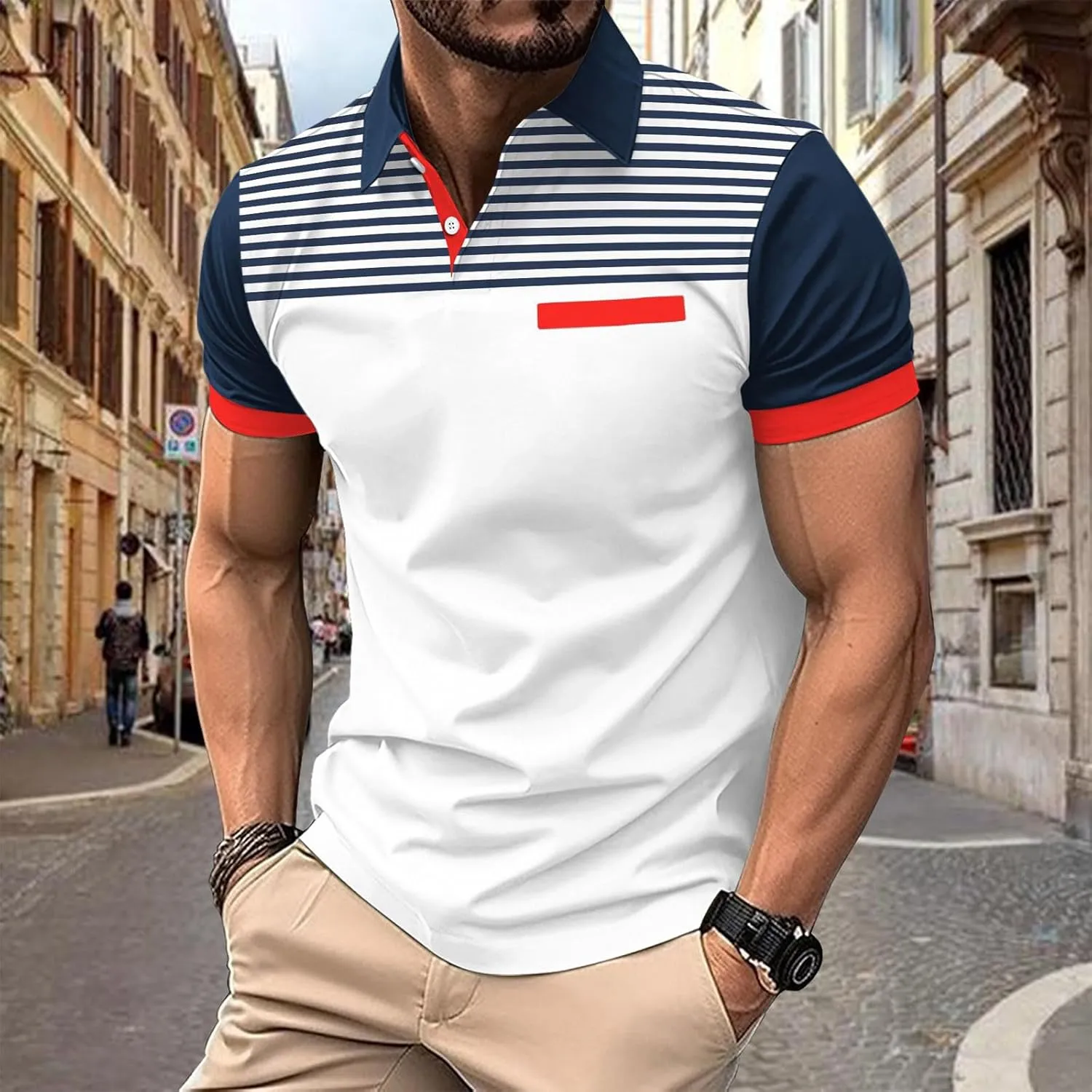 Mens Business Casual Tshirts Henley Neck Pullover Summer Short Sleeve T-Shirt Tops Trendy Striped Going Out Tees