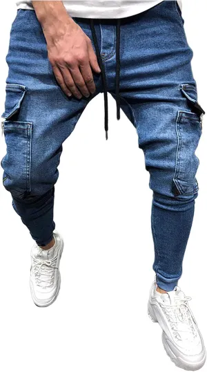 Men's Cargo Jeans,Zipper Jeans for Men Moto Biker Jeans Slim Fit Denim Pants Elastic Waist Drawstring Jeans