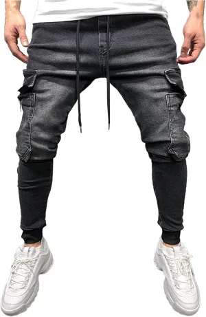 Men's Cargo Jeans,Zipper Jeans for Men Moto Biker Jeans Slim Fit Denim Pants Elastic Waist Drawstring Jeans