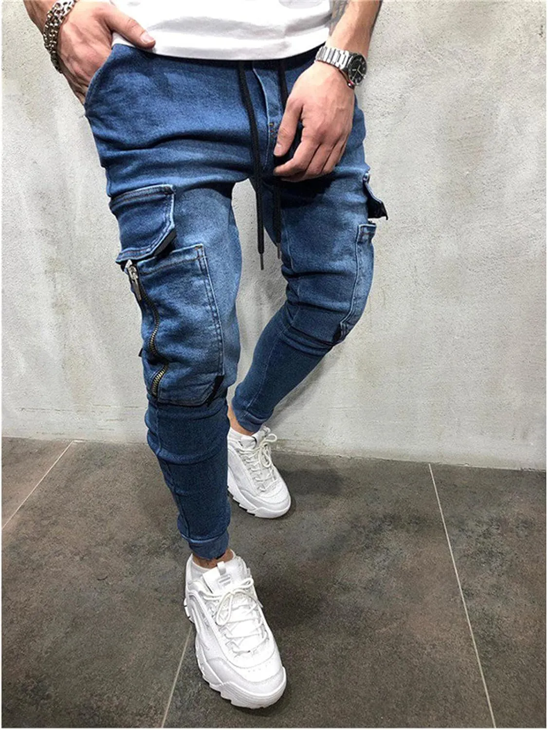 Men's Cargo Jeans,Zipper Jeans for Men Moto Biker Jeans Slim Fit Denim Pants Elastic Waist Drawstring Jeans
