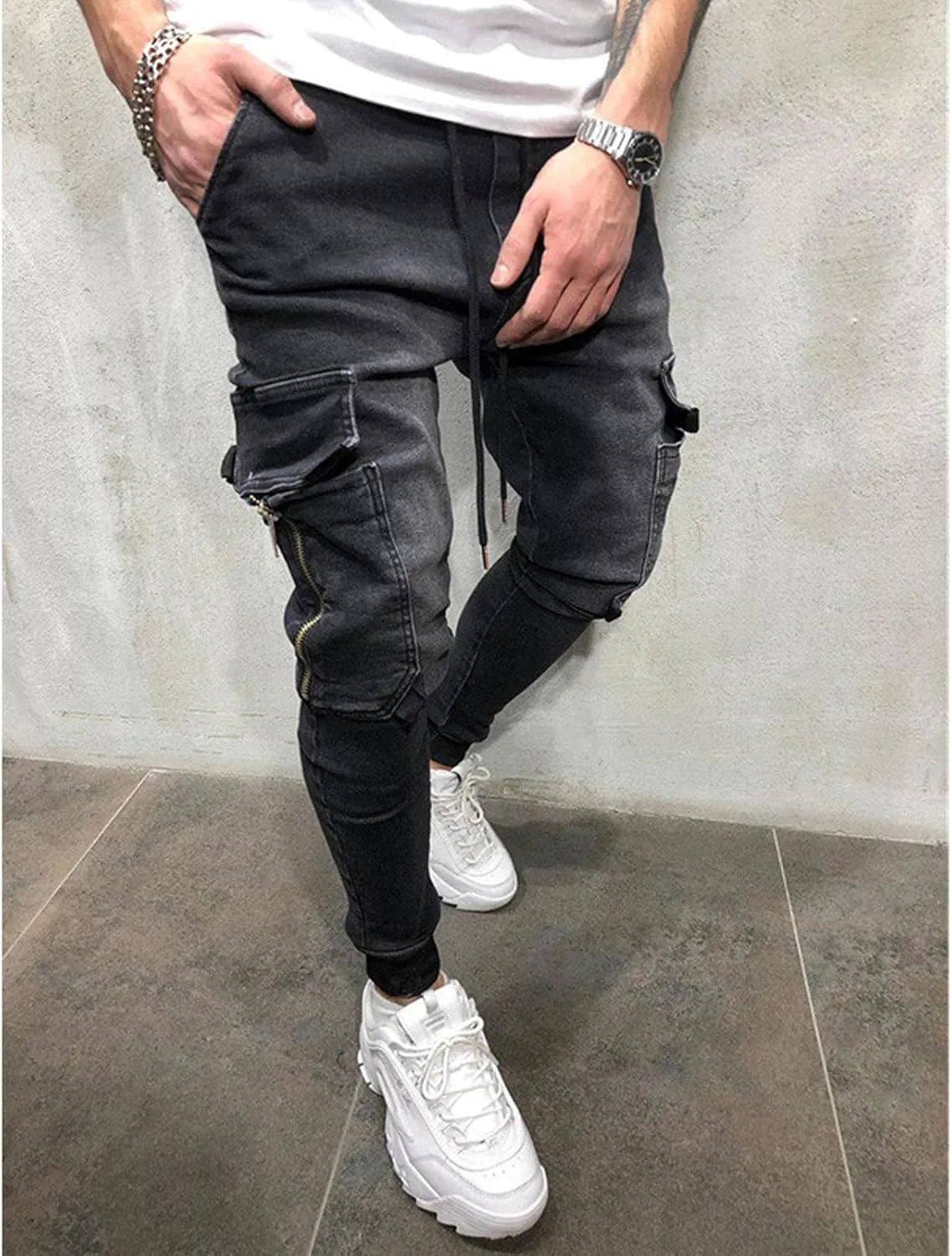 Men's Cargo Jeans,Zipper Jeans for Men Moto Biker Jeans Slim Fit Denim Pants Elastic Waist Drawstring Jeans