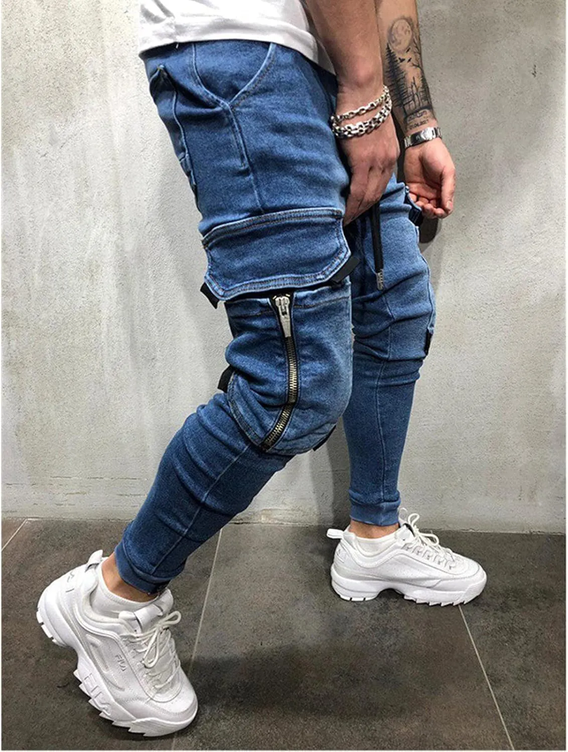 Men's Cargo Jeans,Zipper Jeans for Men Moto Biker Jeans Slim Fit Denim Pants Elastic Waist Drawstring Jeans