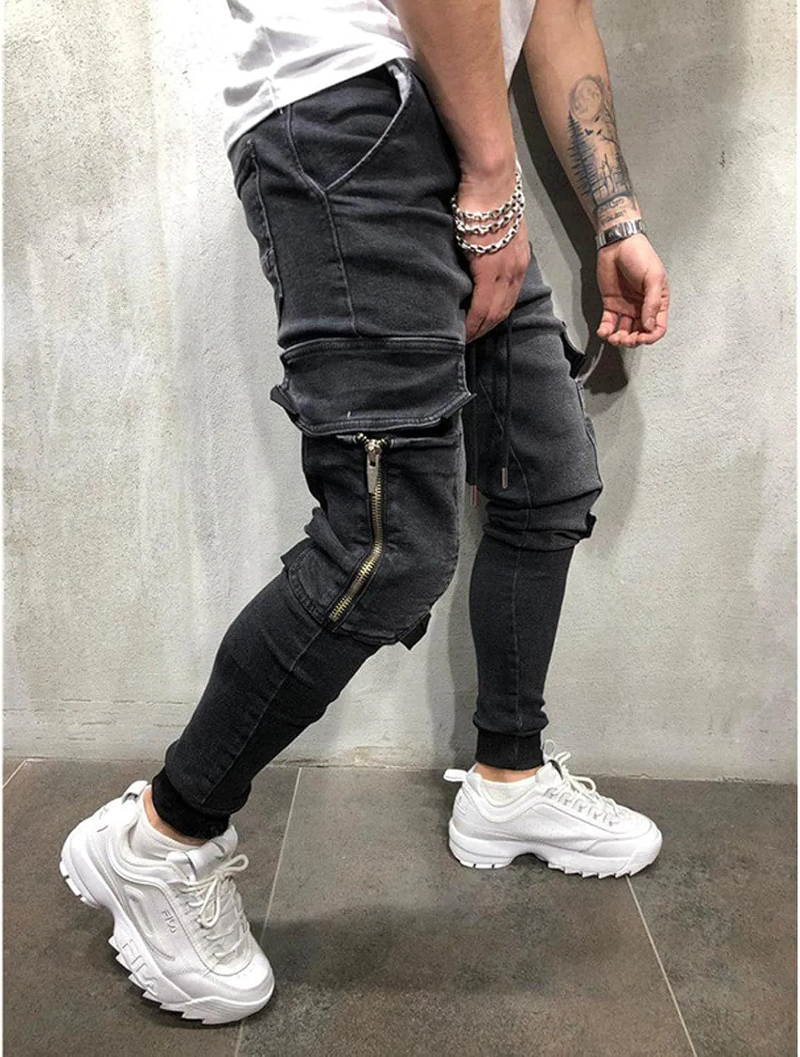 Men's Cargo Jeans,Zipper Jeans for Men Moto Biker Jeans Slim Fit Denim Pants Elastic Waist Drawstring Jeans