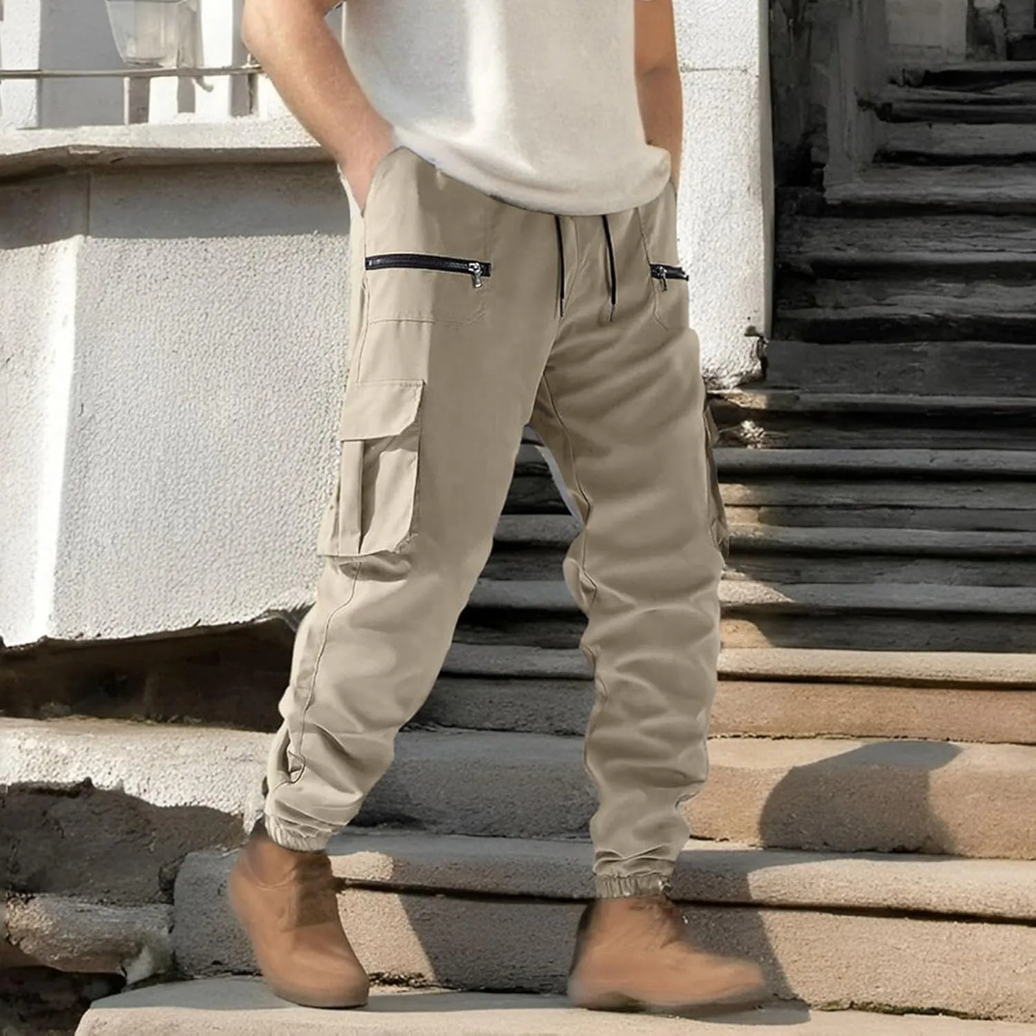 Men's Cargo Jogger Pants Ripstop Lightweight Casual Sweatpants for Athletic Fishing Travel Work Trousers Zip Pockets