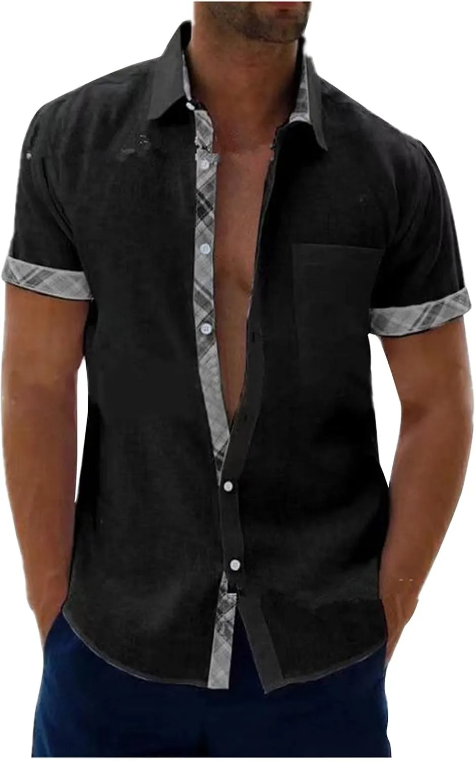 Men's Casual Button-Down Shirts Casual Short Sleeve Shirt Collar Stripe Contrast T-Shirt Business Dressy Work Shirt