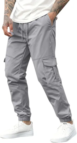 Men's Casual Cargo Pants Slim Fit Elastic Waisted Cargo Sweatpants Lightweight Drawstring Outdoot Tactical Pants with Pockets
