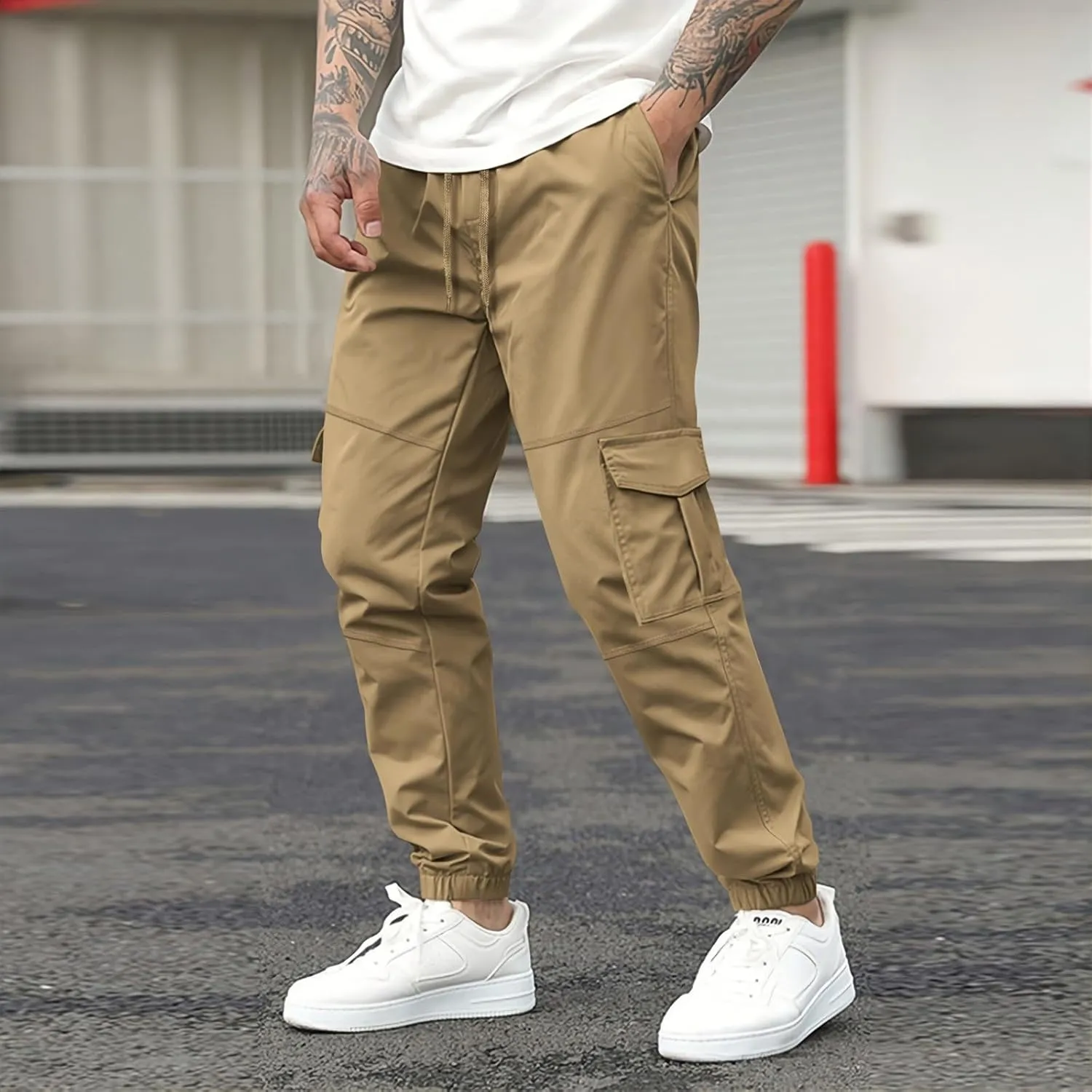Men's Casual Cargo Pants Slim Fit Elastic Waisted Cargo Sweatpants Lightweight Drawstring Outdoot Tactical Pants with Pockets