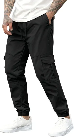 Men's Casual Cargo Pants Slim Fit Elastic Waisted Cargo Sweatpants Lightweight Drawstring Outdoot Tactical Pants with Pockets
