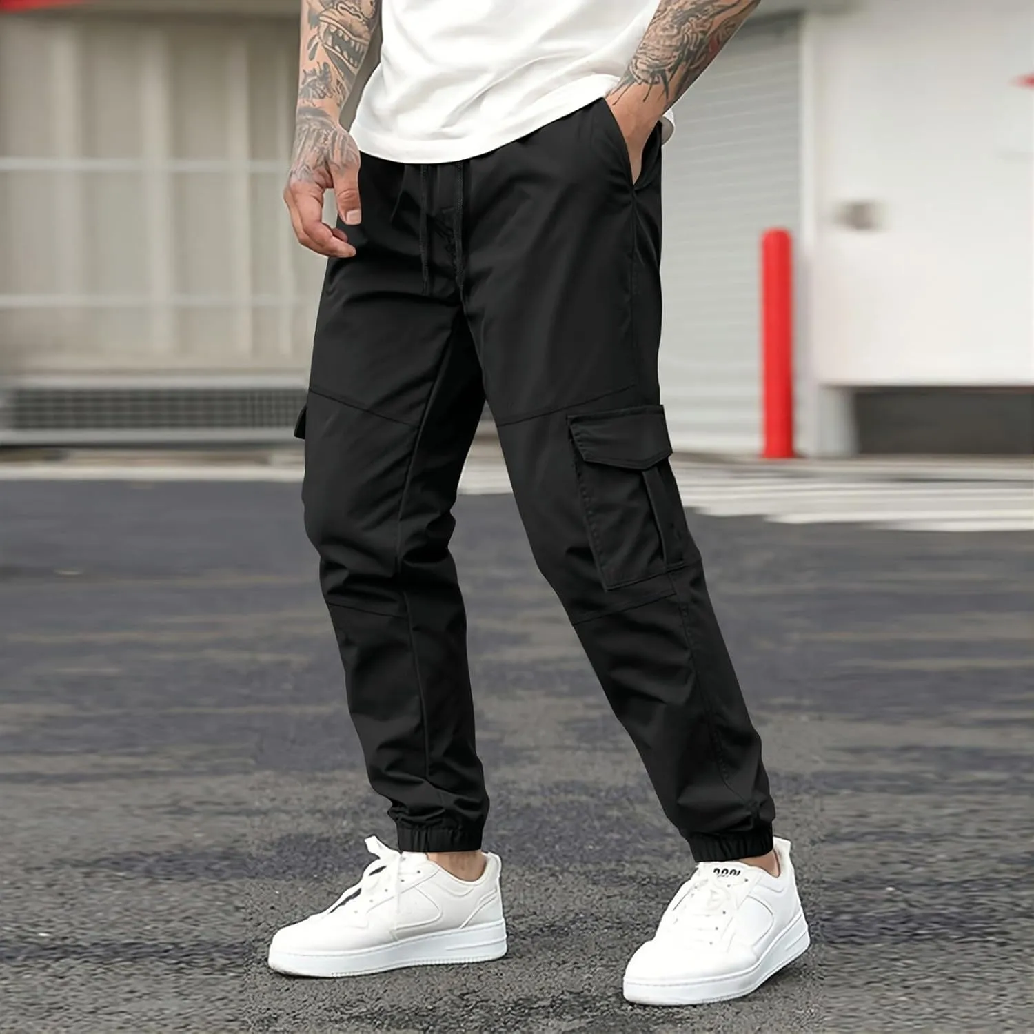 Men's Casual Cargo Pants Slim Fit Elastic Waisted Cargo Sweatpants Lightweight Drawstring Outdoot Tactical Pants with Pockets
