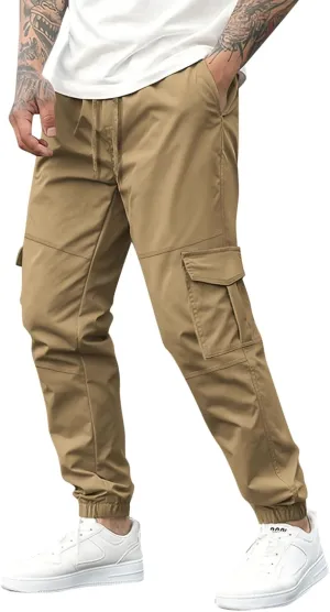 Men's Casual Cargo Pants Slim Fit Elastic Waisted Cargo Sweatpants Lightweight Drawstring Outdoot Tactical Pants with Pockets