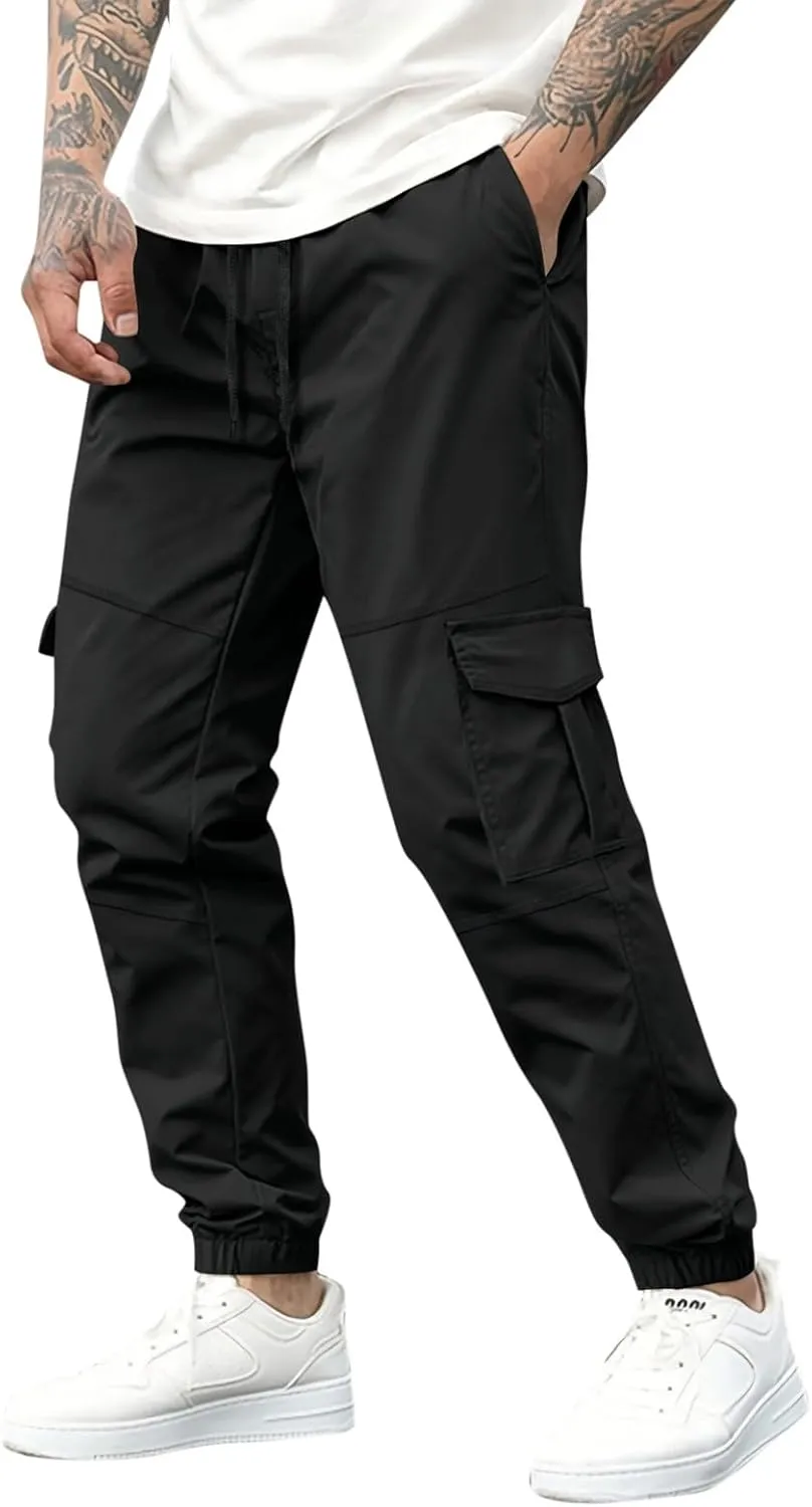 Men's Casual Cargo Pants Slim Fit Elastic Waisted Cargo Sweatpants Lightweight Drawstring Outdoot Tactical Pants with Pockets