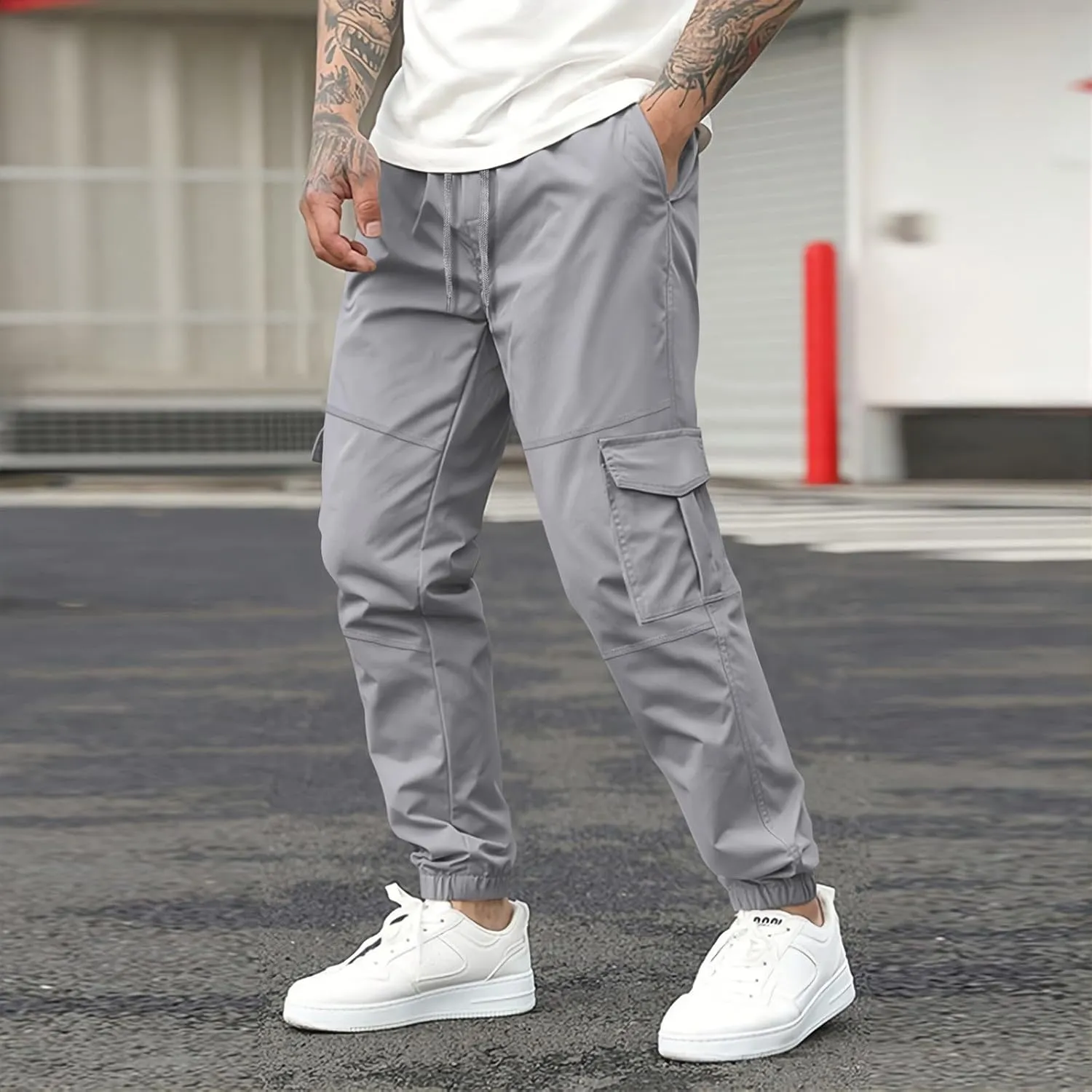 Men's Casual Cargo Pants Slim Fit Elastic Waisted Cargo Sweatpants Lightweight Drawstring Outdoot Tactical Pants with Pockets