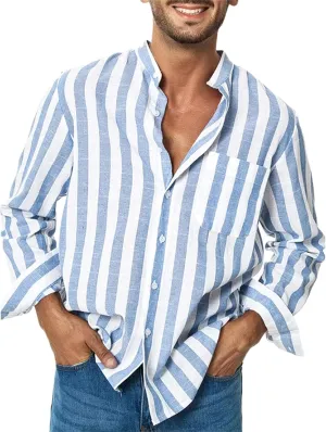 Men's Casual Linen Cotton Shirt Long Sleeve Stripe Shirt Casual Shirt Beach T-Shirt Hawaiian Shirts Tops