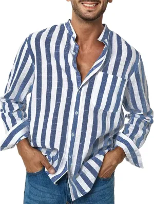 Men's Casual Linen Cotton Shirt Long Sleeve Stripe Shirt Casual Shirt Beach T-Shirt Hawaiian Shirts Tops