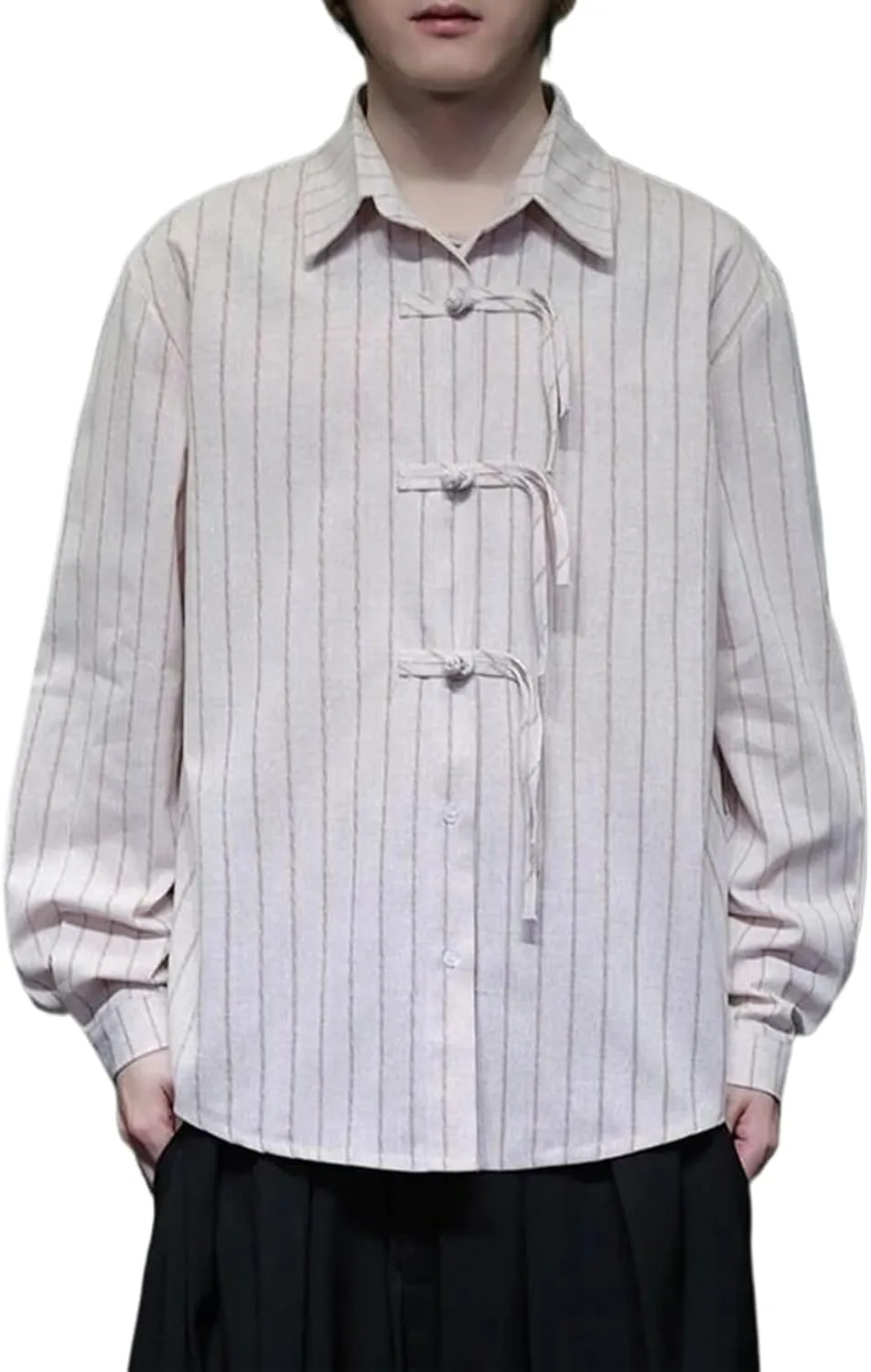 Men's Casual Striped Shirt Long Sleeve Button Down Shirt Knot Loose Fit Shirt
