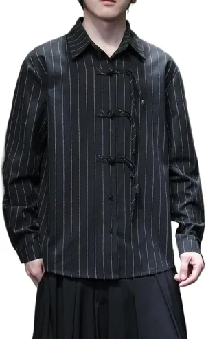 Men's Casual Striped Shirt Long Sleeve Button Down Shirt Knot Loose Fit Shirt