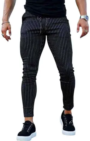Mens Classic Striped Dress Pants Slim Fit Stretch Flat-Front Casual Golf Pencil Chinos Pants Work Business Suit Pant