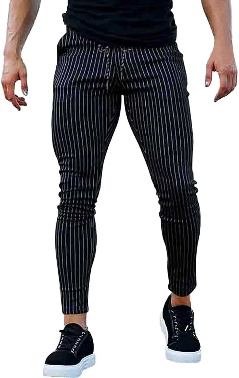 Mens Classic Striped Dress Pants Slim Fit Stretch Flat-Front Casual Golf Pencil Chinos Pants Work Business Suit Pant