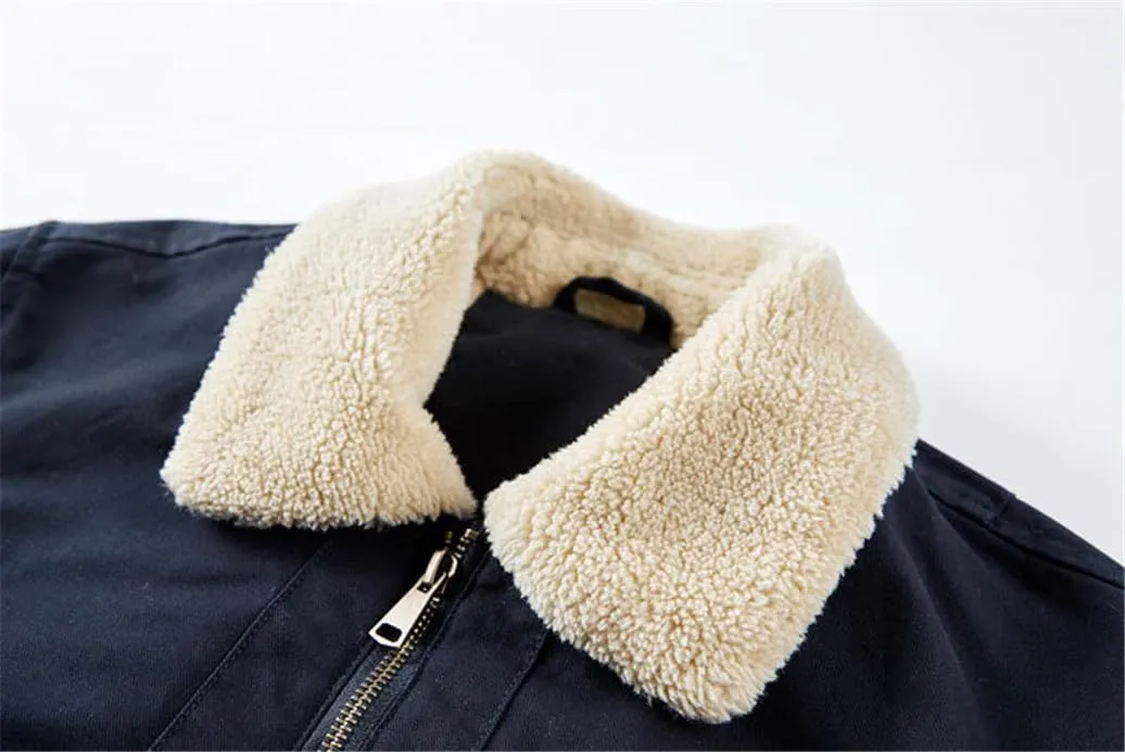 Men's Cotton Coat Jacket Padded Thickened Hair Collar Cotton Jacket Lambswool Lapel Workwear Cotton Clothes
