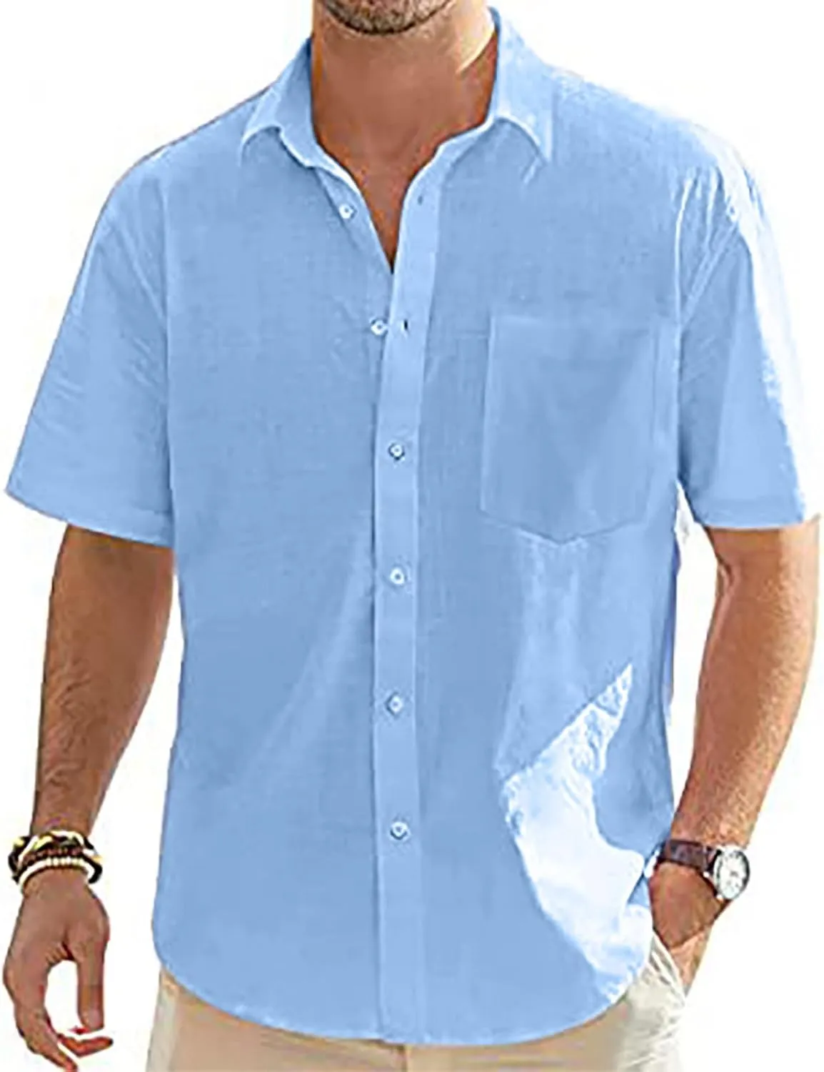 Mens Cotton Linen Short Sleeve Shirts Casual Lightweight Button Up Lapel Shirt Vacation Beach Summer Tops with Pocket