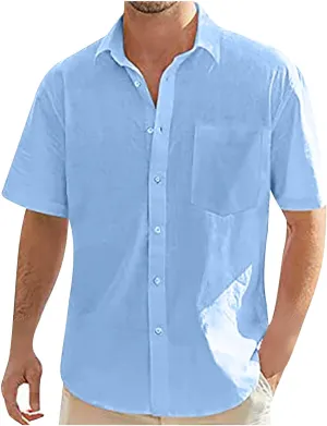 Mens Cotton Linen Short Sleeve Shirts Casual Lightweight Button Up Lapel Shirt Vacation Beach Summer Tops with Pocket