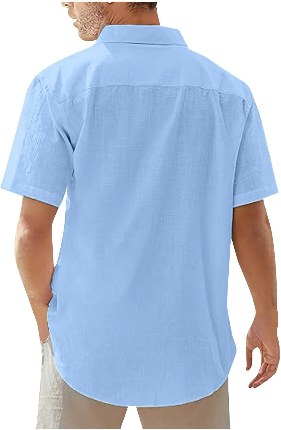 Mens Cotton Linen Short Sleeve Shirts Casual Lightweight Button Up Lapel Shirt Vacation Beach Summer Tops with Pocket