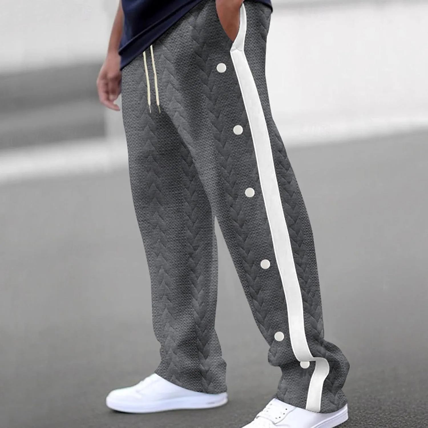 Mens Crochet Knitted Jogger Sweatpants Side Button Workout Wide Leg Running Pants Baggy Tapered Athletic Sweatpants