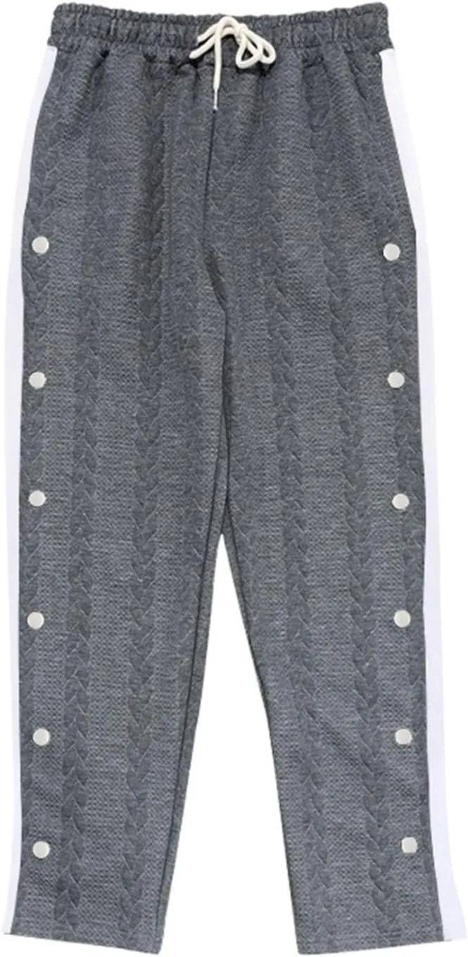 Mens Crochet Knitted Jogger Sweatpants Side Button Workout Wide Leg Running Pants Baggy Tapered Athletic Sweatpants