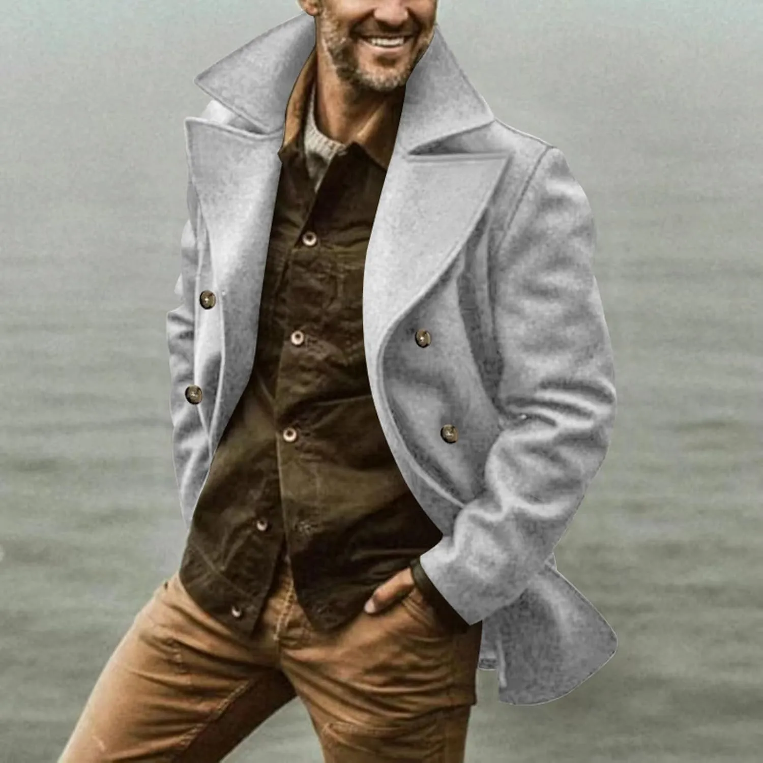 Men's Double Breasted Trench Coat Notched Collar Coat Lapel Long Jacket Casual Solid Color Soft Overcoat