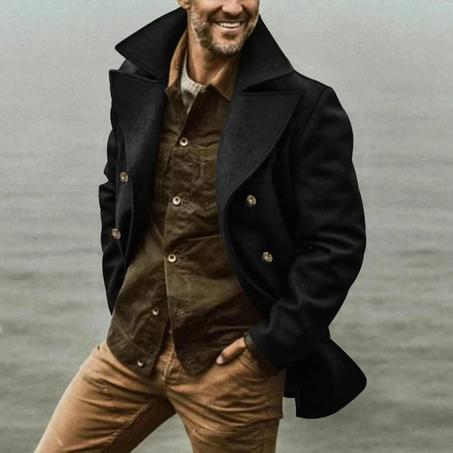 Men's Double Breasted Trench Coat Notched Collar Coat Lapel Long Jacket Casual Solid Color Soft Overcoat