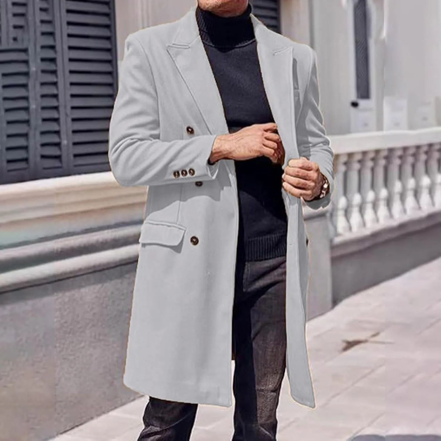 Men's Double Breasted Trench Coat Winter Wool Blend Coat Warm Lapel Work Business Long Jacket Notched Collar Soft Coat