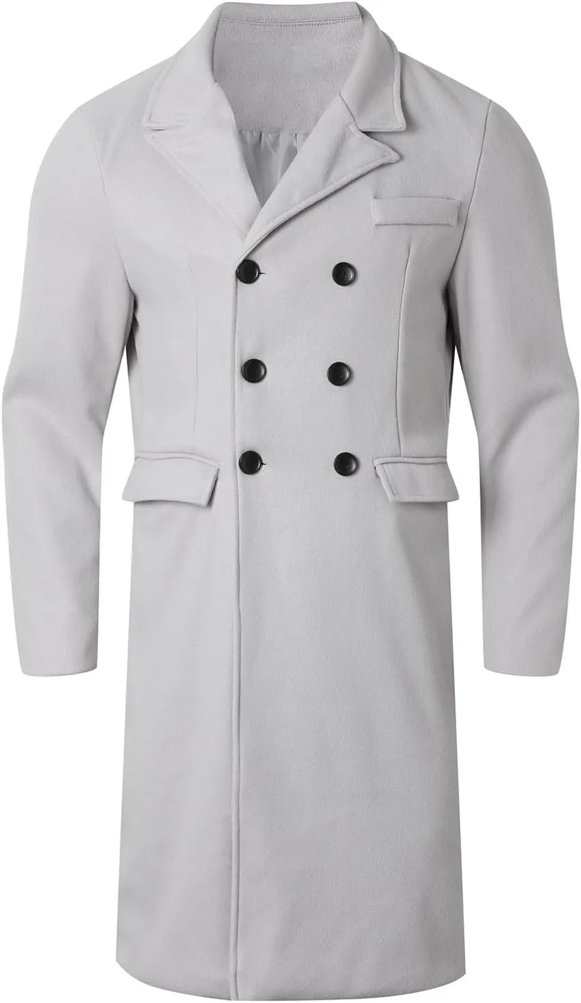 Men's Double Breasted Trench Coat Winter Wool Blend Coat Warm Lapel Work Business Long Jacket Notched Collar Soft Coat