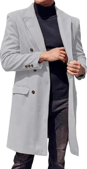 Men's Double Breasted Trench Coat Winter Wool Blend Coat Warm Lapel Work Business Long Jacket Notched Collar Soft Coat