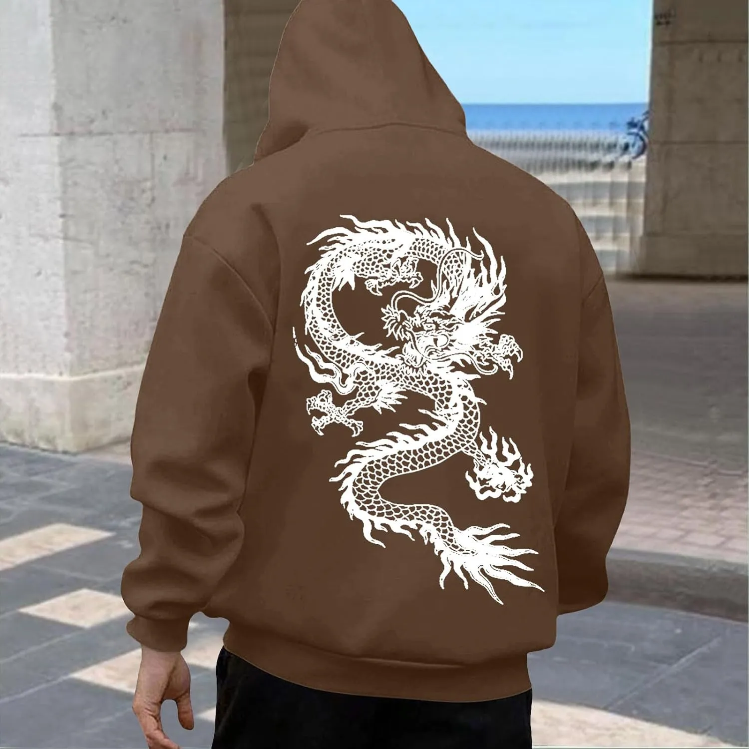Men's Dragon Graphic Oversized Hoodies, Casual Loose Sweatshirt