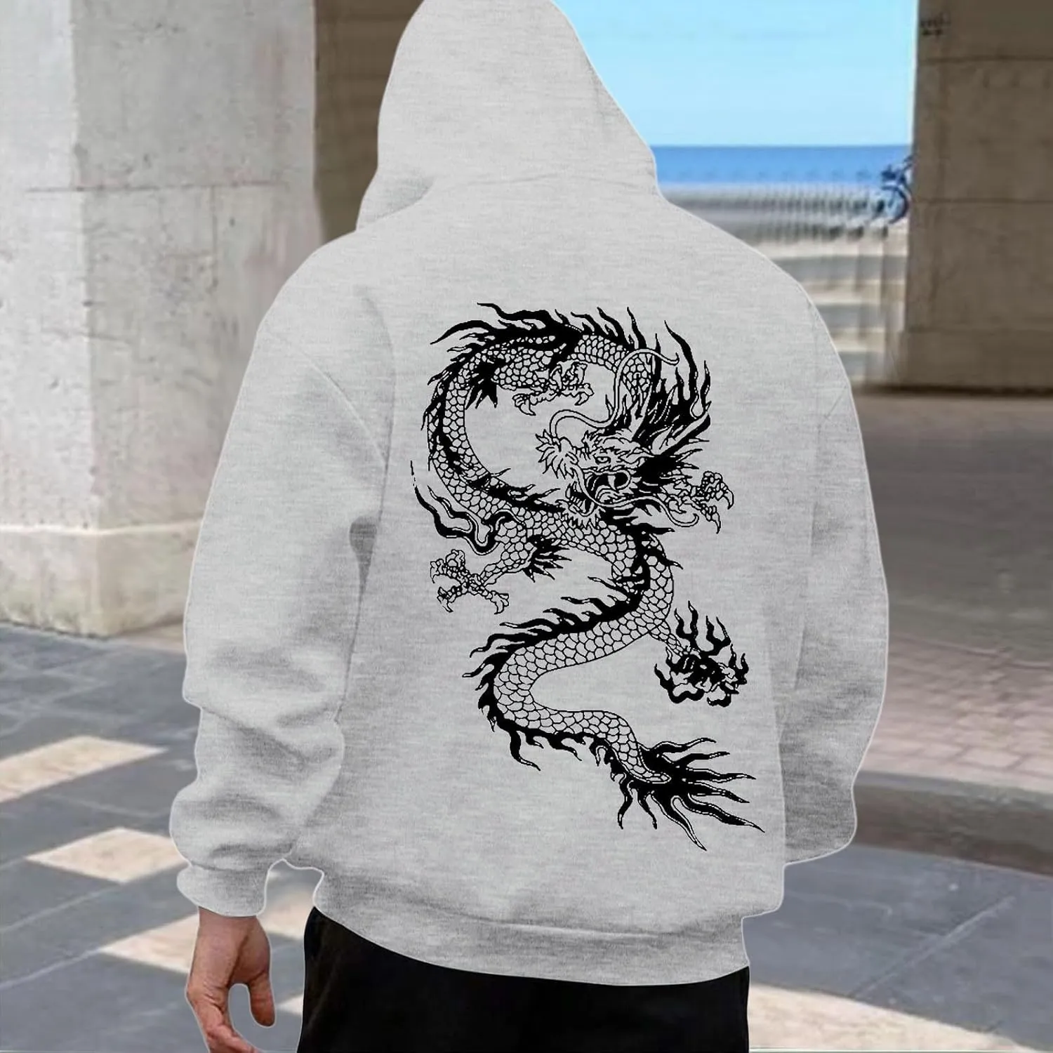 Men's Dragon Graphic Oversized Hoodies, Casual Loose Sweatshirt