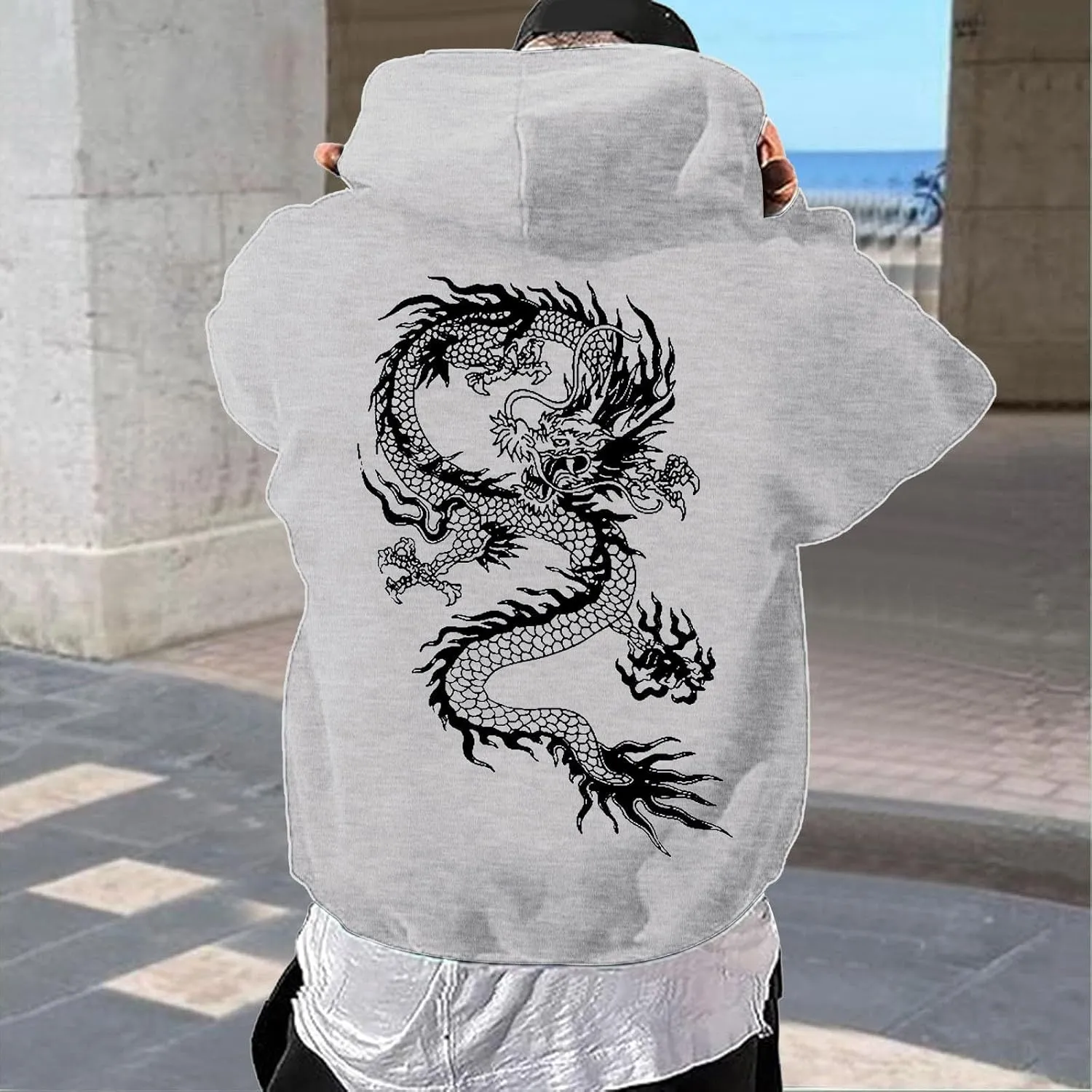 Men's Dragon Graphic Oversized Hoodies, Casual Loose Sweatshirt