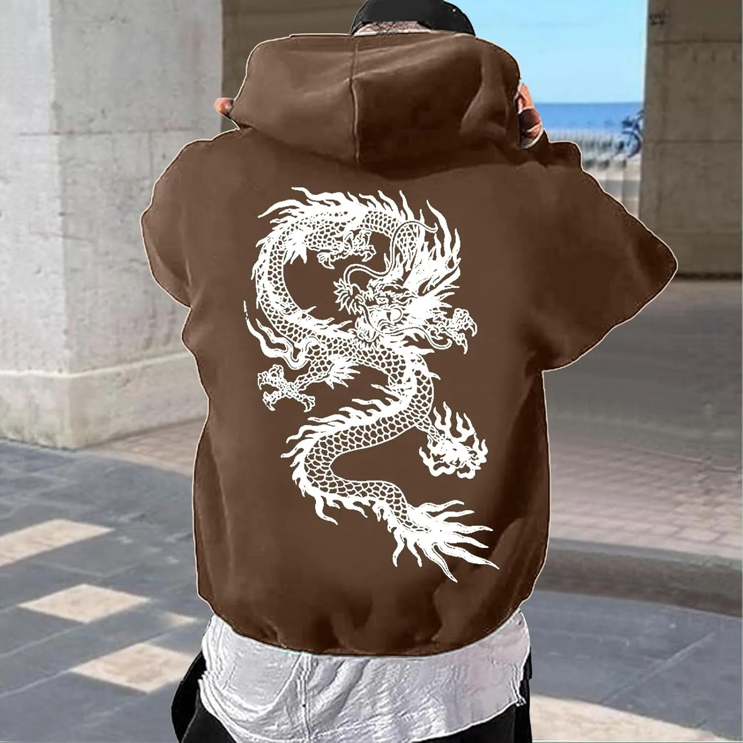 Men's Dragon Graphic Oversized Hoodies, Casual Loose Sweatshirt